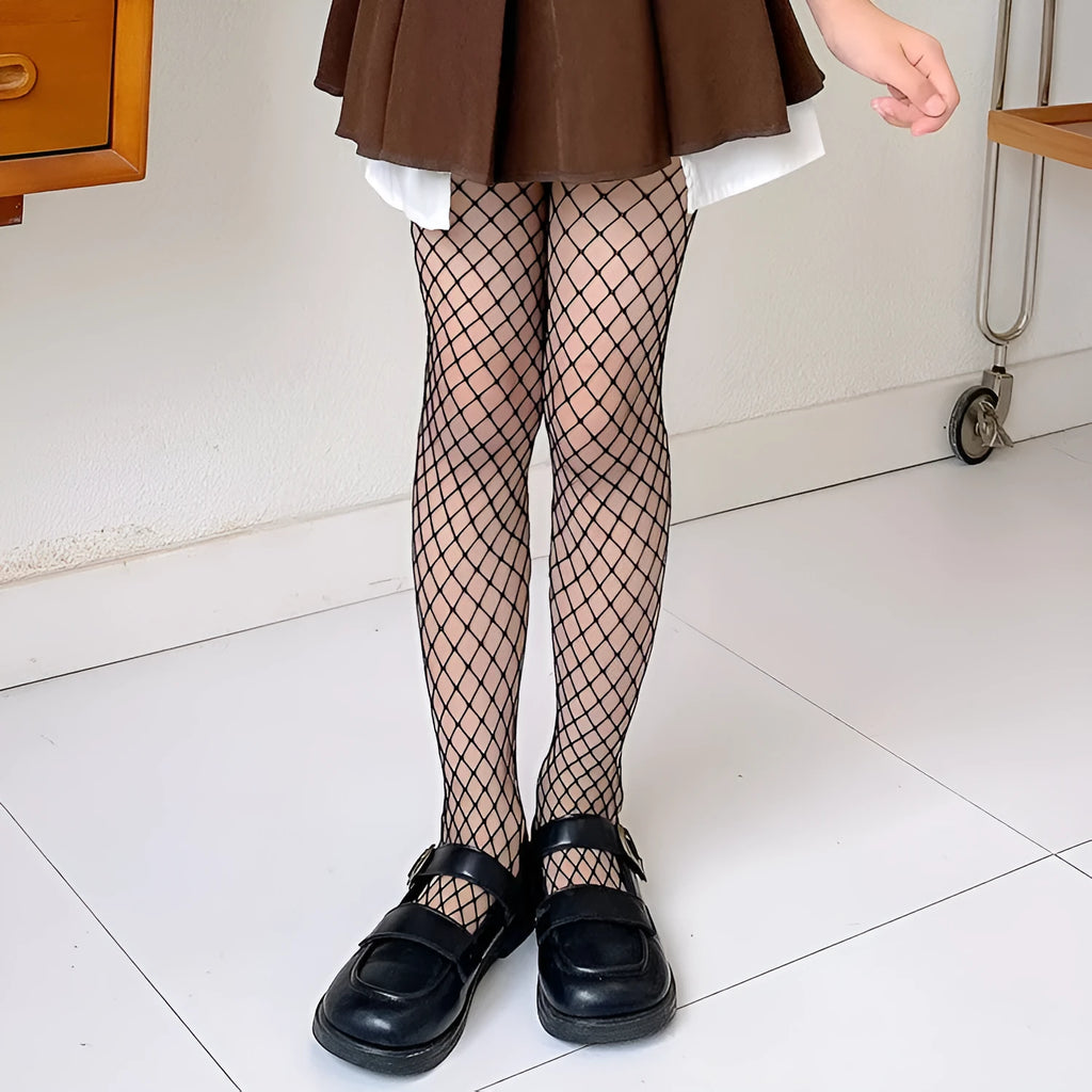 Women's black and white mesh stockings showing large, medium, and small pattern examples.