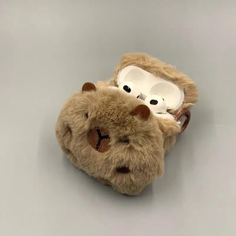 Three-dimensional plush brown capybara earphone sleeve for Apple AirPods with embossed TPU cover