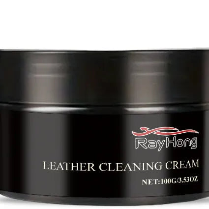 Leather cleaning cream 100g bottle with beeswax and lanolin, shown with application sponge, 7.1cm x 4.4cm bottle