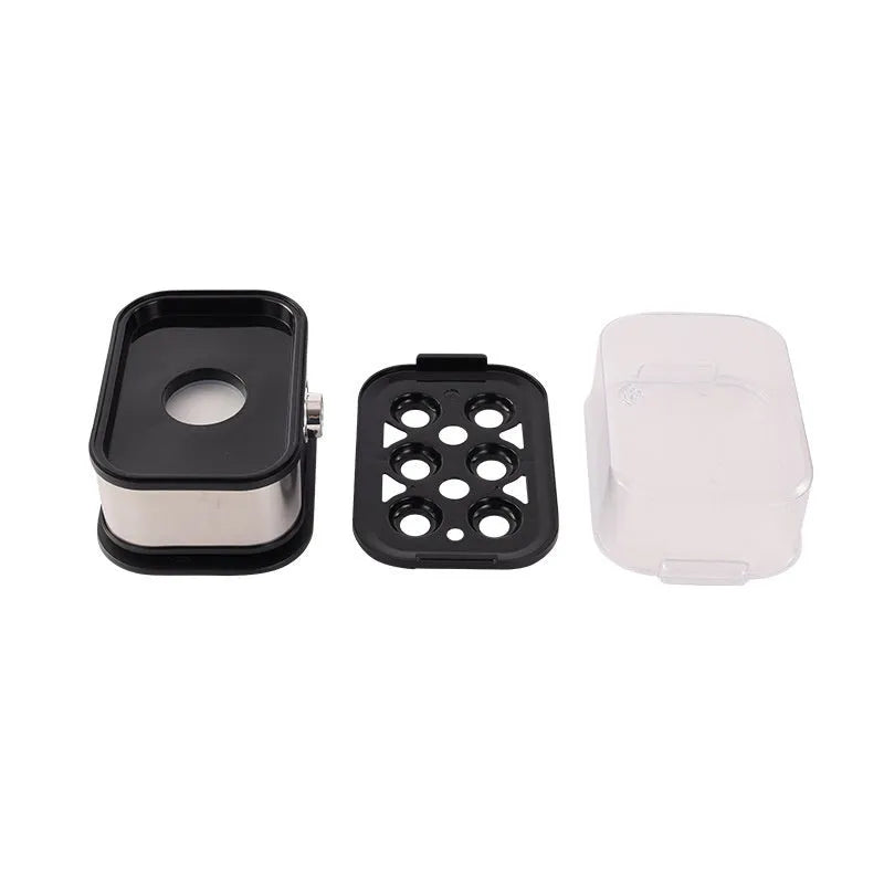Black portable stainless steel egg boiler with carrying belt for travel and camping use