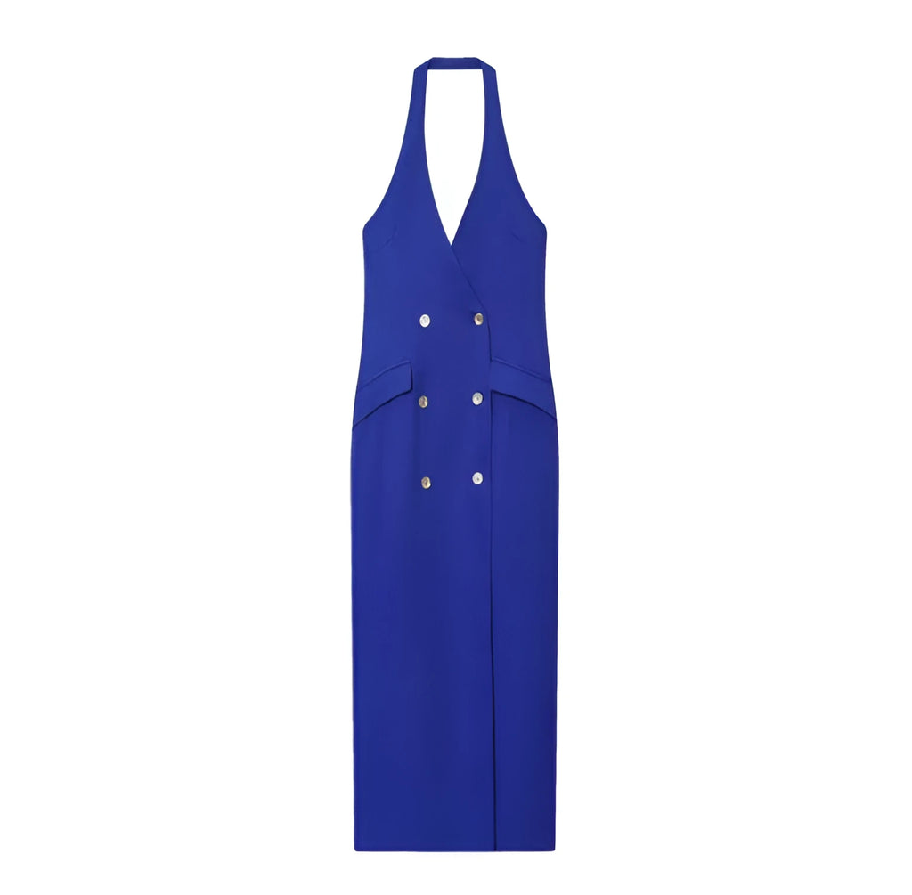 Blue knitted midi dress with hooded cross neck, long sleeves, mid waist, and pleated irregular skirt in striped check pattern.
