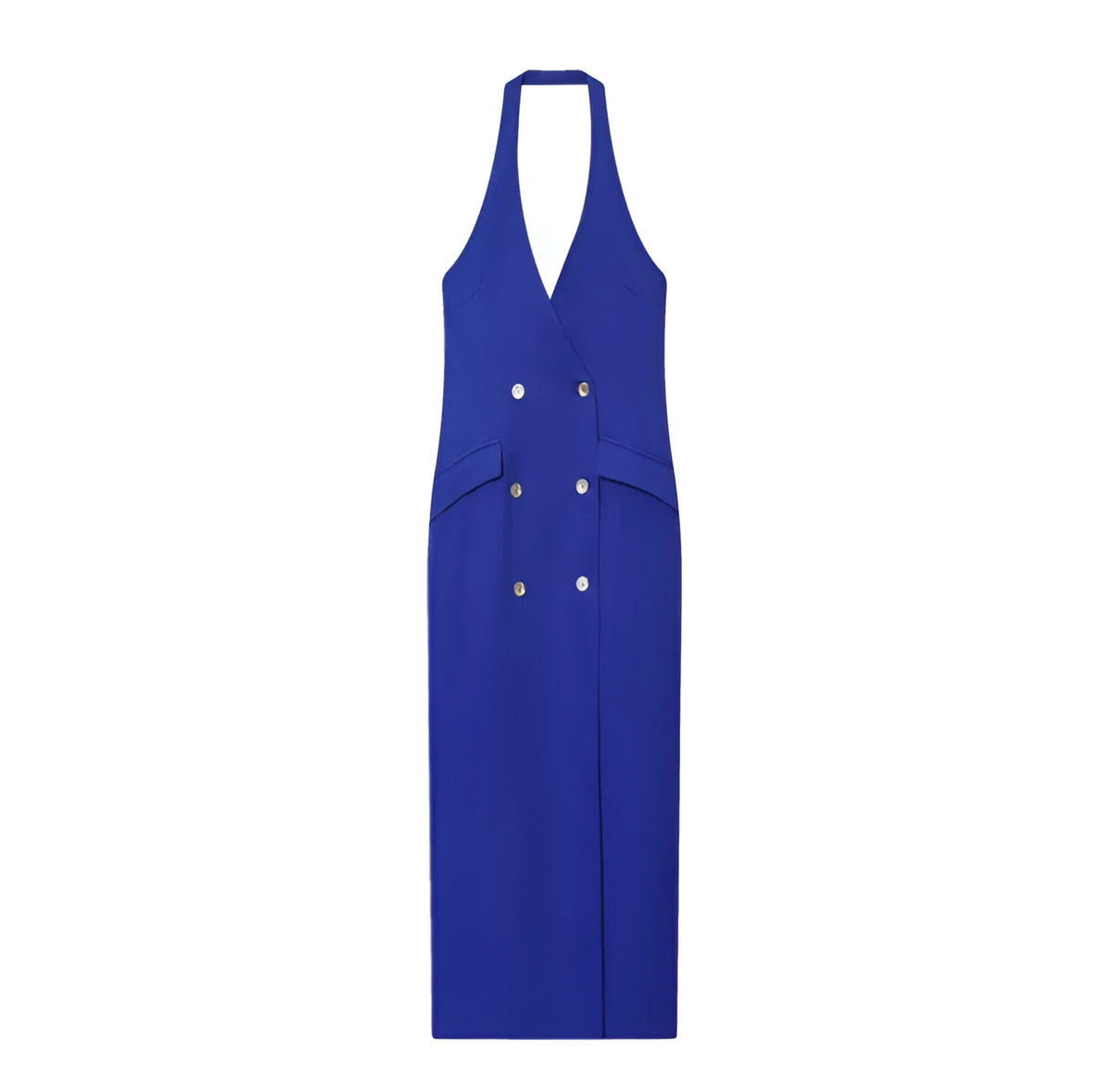 Blue knitted midi dress with hooded cross neck, long sleeves, mid waist, and pleated irregular skirt in striped check pattern.