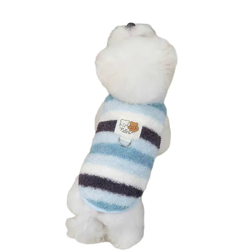 Striped fuzzy two-legged dog coat with integrated leash ring and bear cloth label, for small and medium dogs