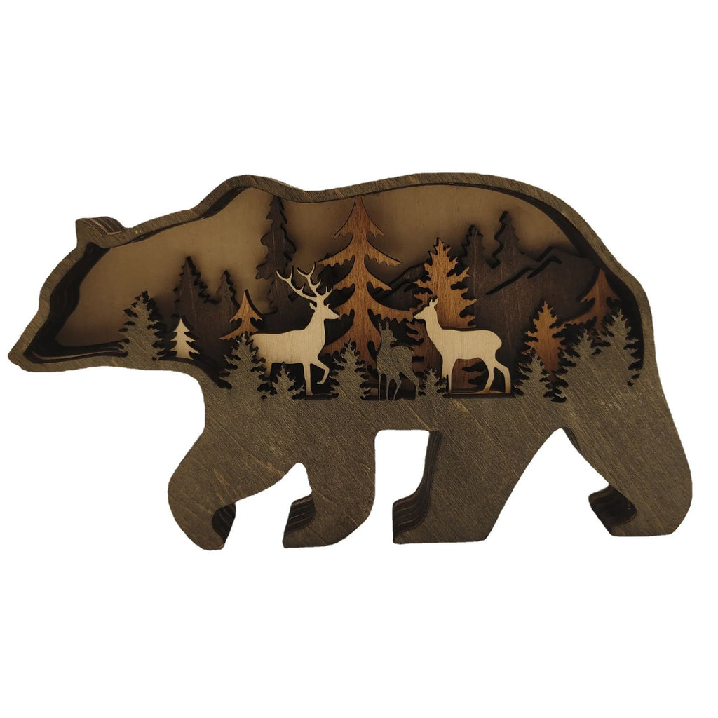 Boxwood Christmas elk ornament 18cm tall with natural wood grain on a wooden shelf