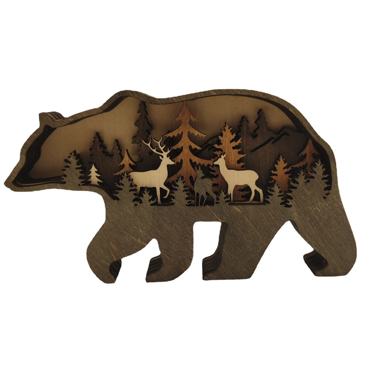 Boxwood Christmas elk ornament 18cm tall with natural wood grain on a wooden shelf