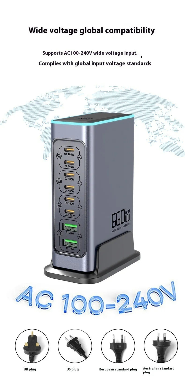 Desktop multi-port 660W GaN charger with Type-C interface and interchangeable UK EU US AU plugs