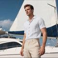 Men's loose fit linen short-sleeved shirt in army green colour, cardigan style