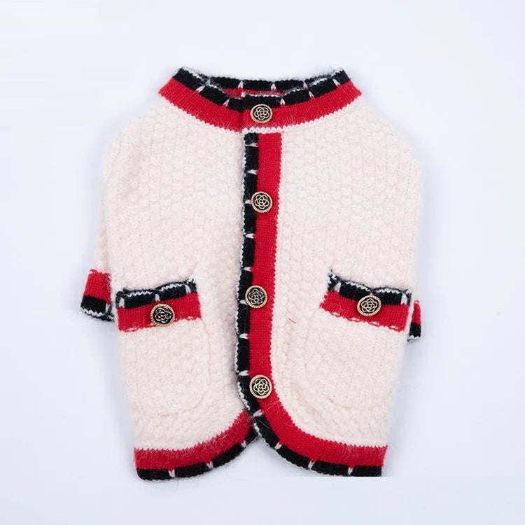 Blue wool blend dog cardigan in classic princess style shown on mannequin