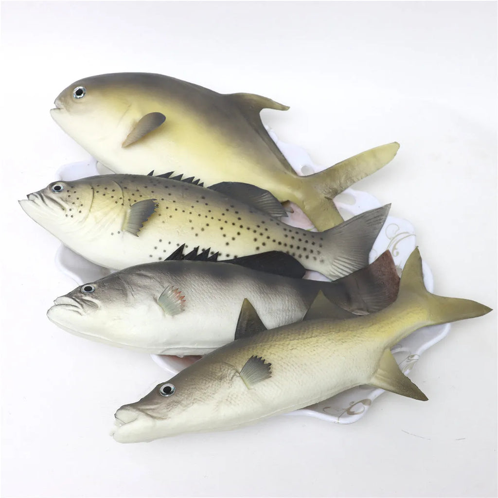Three PU simulated fish ornaments: yellow-fin tuna, small tuna, and yellow croaker marine models