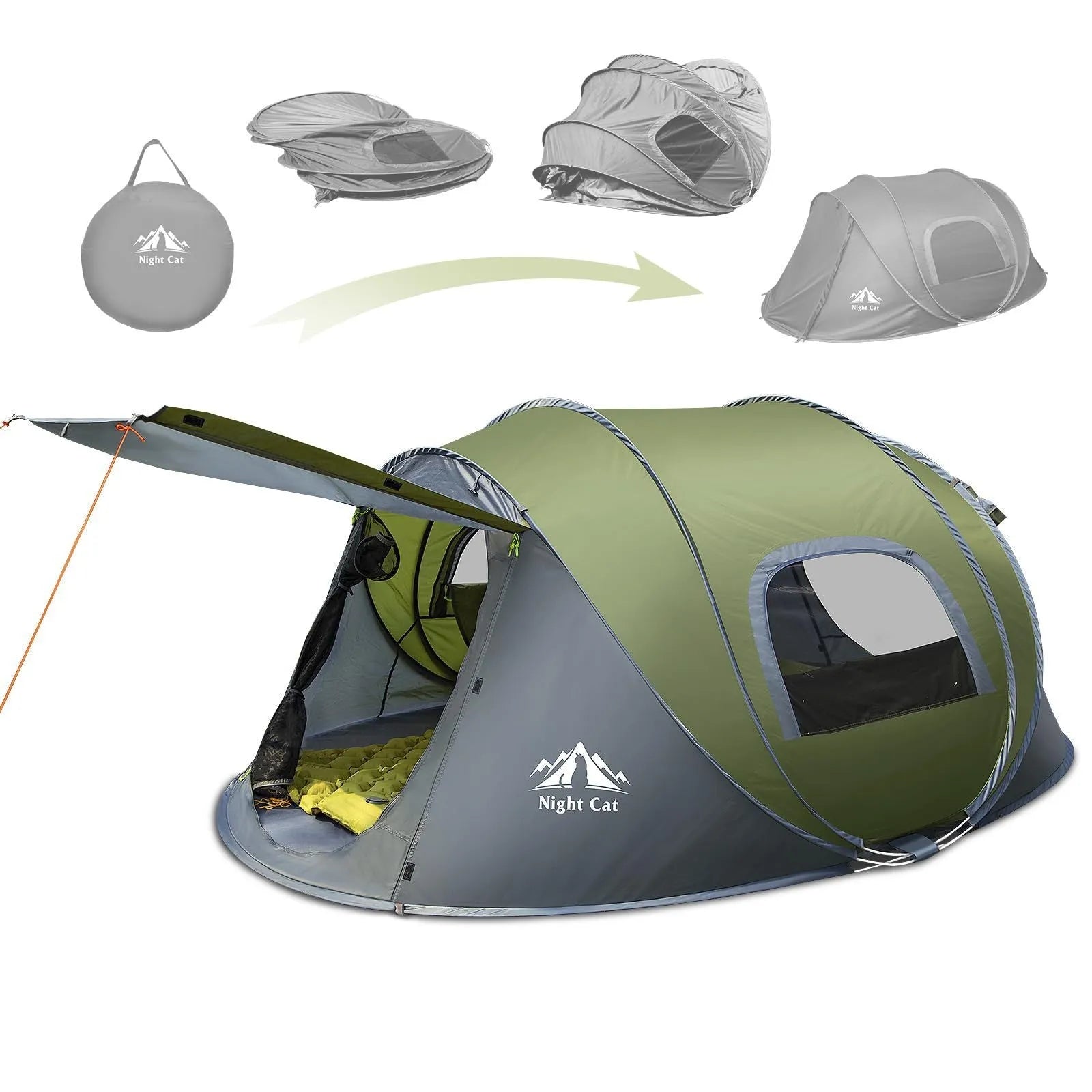 Dark green automatic pop-up camping tent for 2 people with instant frame setup