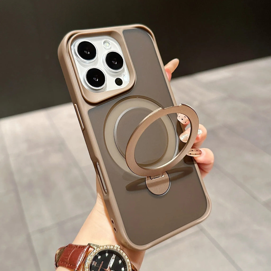 Frosted TPU PC magnetic phone case for iPhone 16 Pro with 360 rotating bracket, black colour