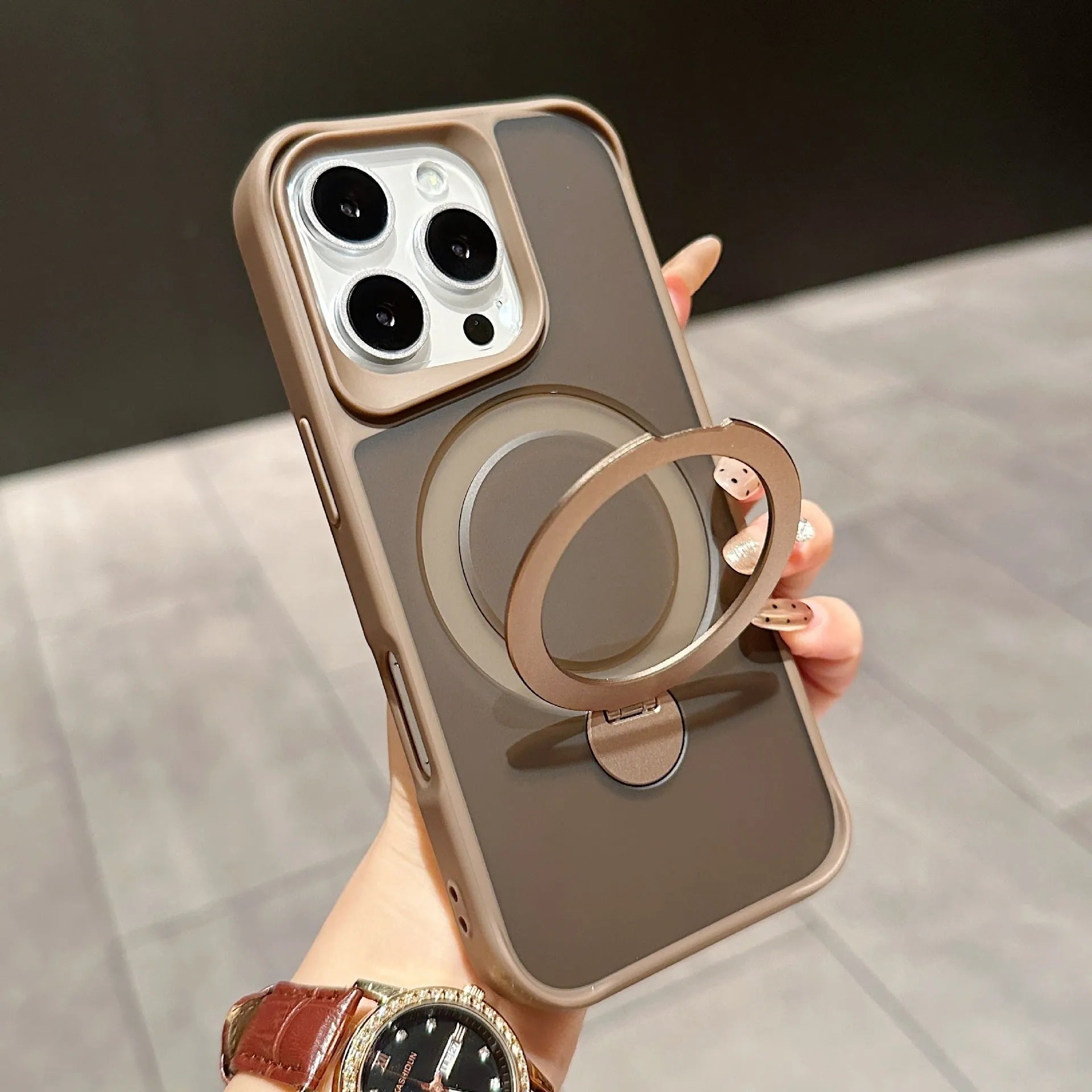 Frosted TPU PC magnetic phone case for iPhone 16 Pro with 360 rotating bracket, black colour