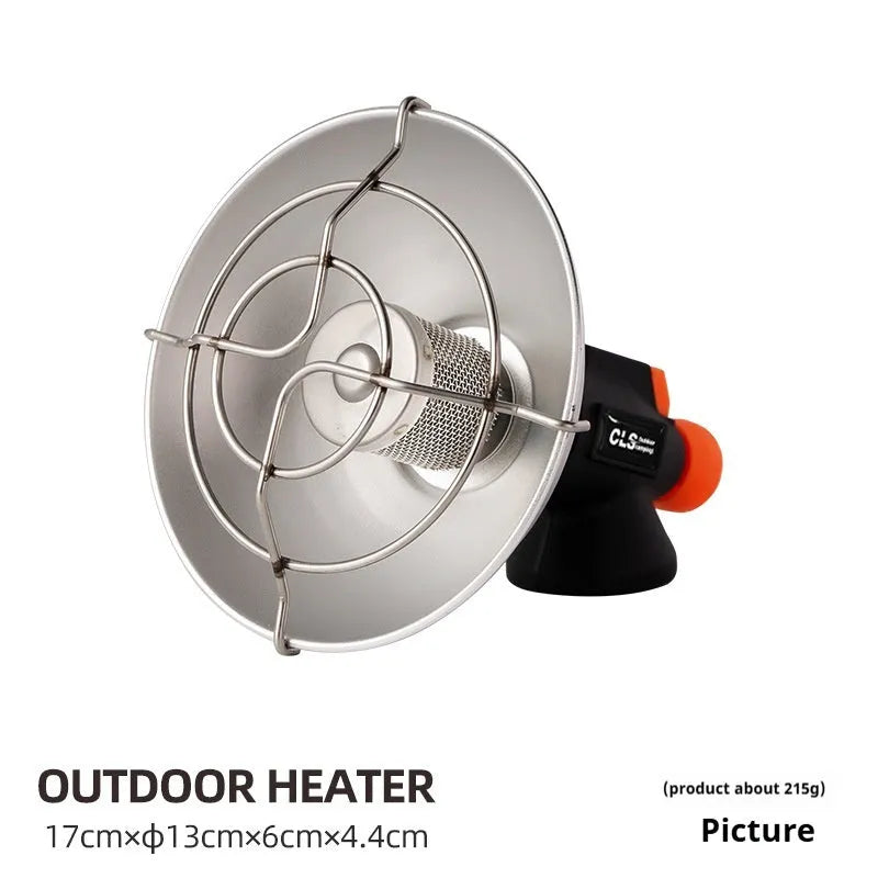 Black and orange portable outdoor camping heater with automatic ignition on a stainless steel and plastic body.