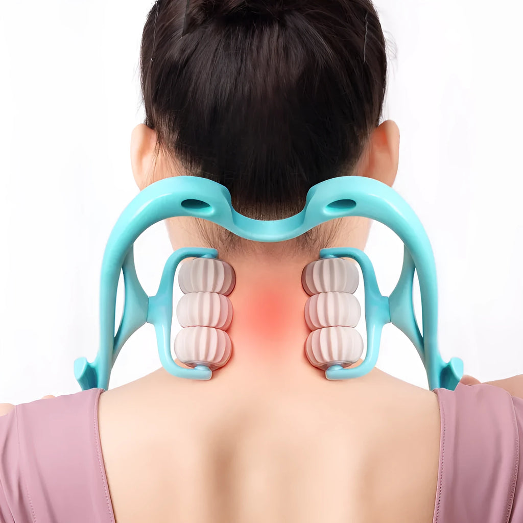 Blue swan-shaped manual neck massager with six white wheels and a natural crystal jade scraping board.
