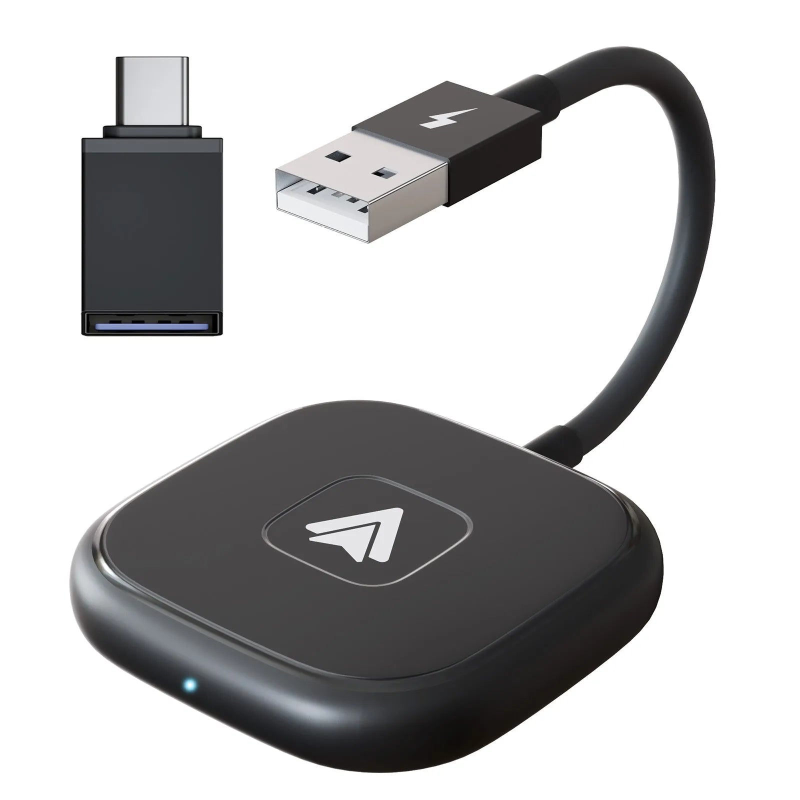 Car wireless Android adaptor for CarPlay systems in black and white colour options.