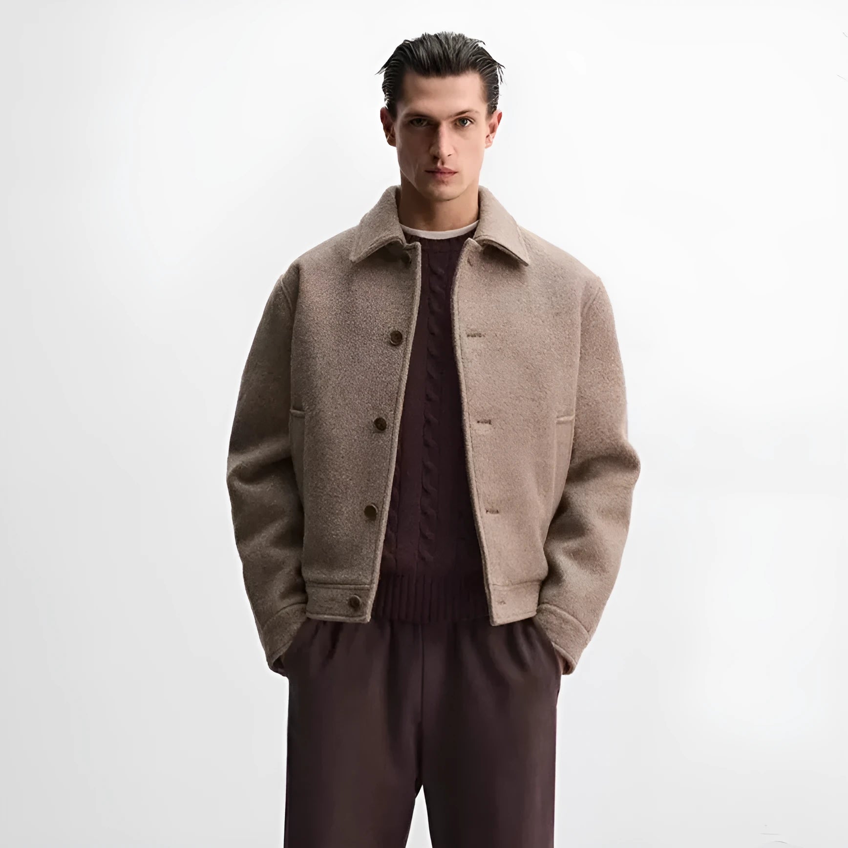 Men's taupe loose wool woven lapel long sleeve single-breasted casual jacket coat on a model