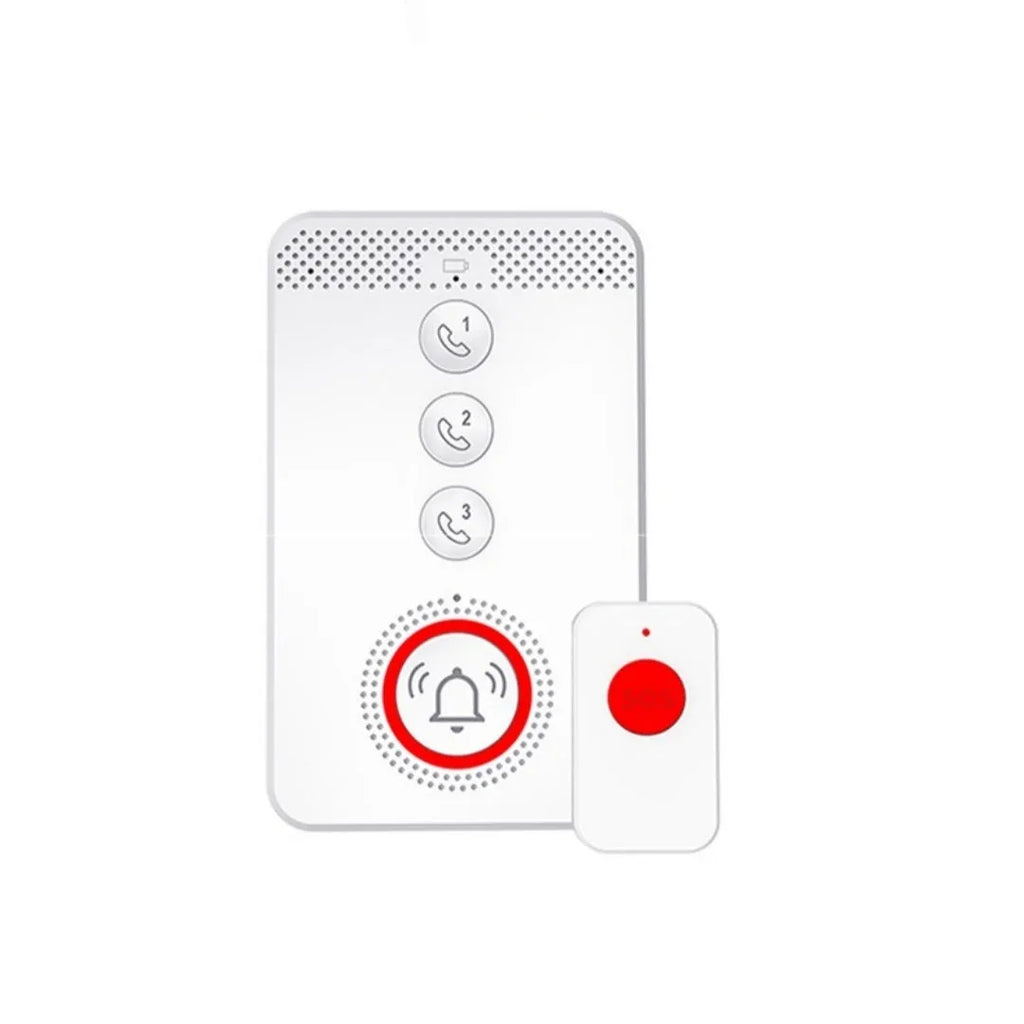 White one-click voice emergency alert device with a central buzzer and three personal call buttons.