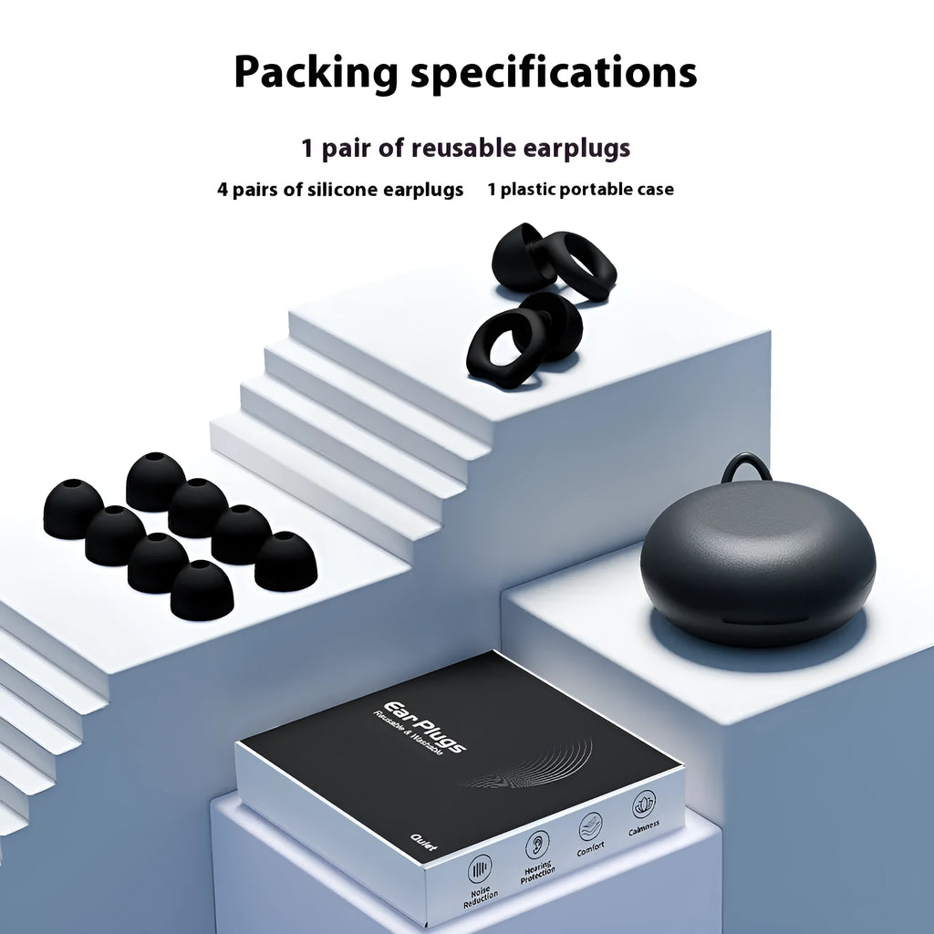 A pair of black silicone soundproof earplugs for noise reduction, presented on a white background.