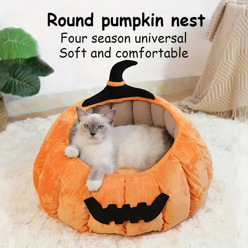 Halloween pumpkin-shaped pet bed with cartoon devil design for cats and small dogs