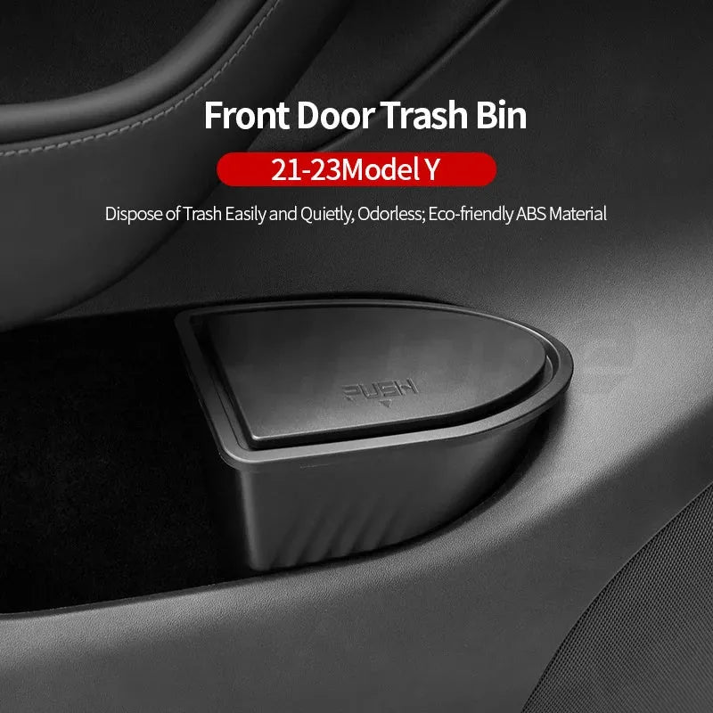 Two black ABS plastic car door trash cans for Tesla Model Y front doors