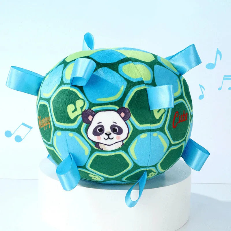 Green interactive ball dog toy with a plush handle for aggressive chewers, measuring 15cm.