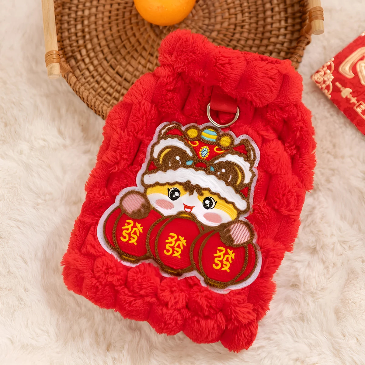 Red Lion Dance Pet Vest with lion dance embroidery and lanterns on small dog