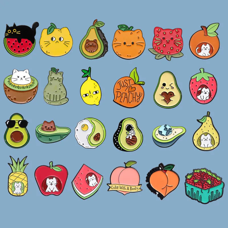 Close-up of a colourful cartoon fruit and letter design zinc alloy brooch pin.