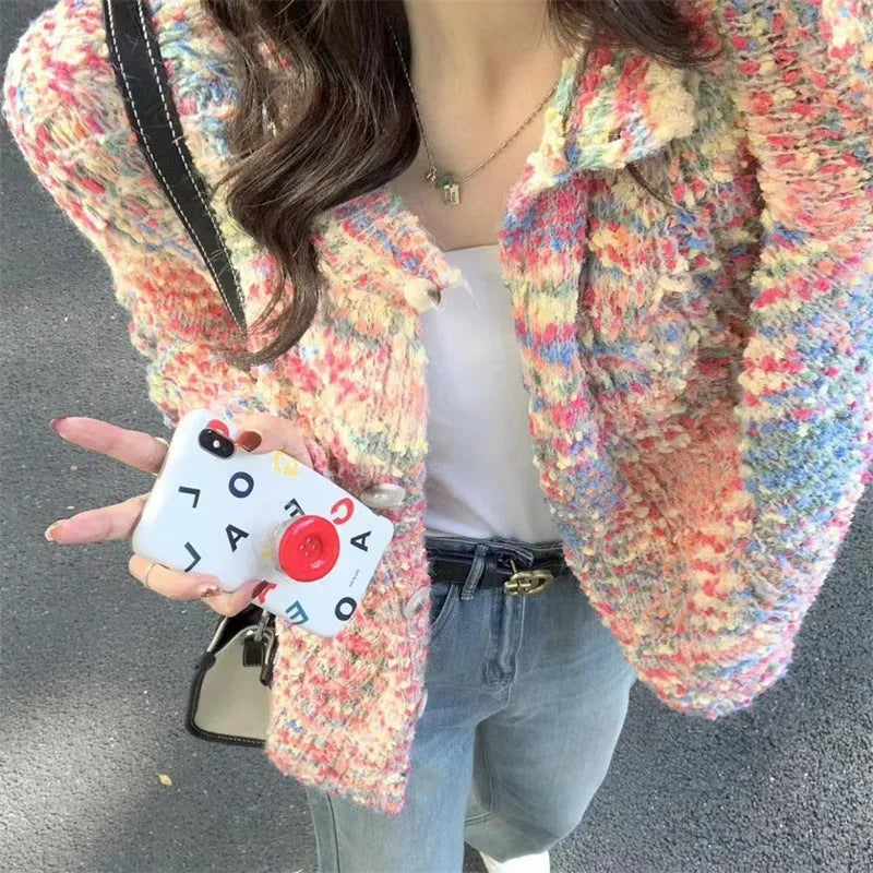 Pink and green rainbow pattern knitted cardigan sweater in retro gentle idle style