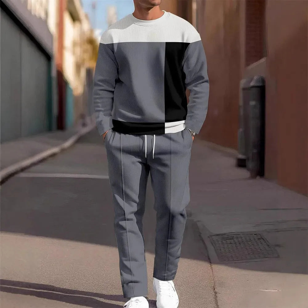 Men's casual sporty round neck sweatshirt and pants two-piece set in polyester blend, long sleeves, long pants, multiple colours
