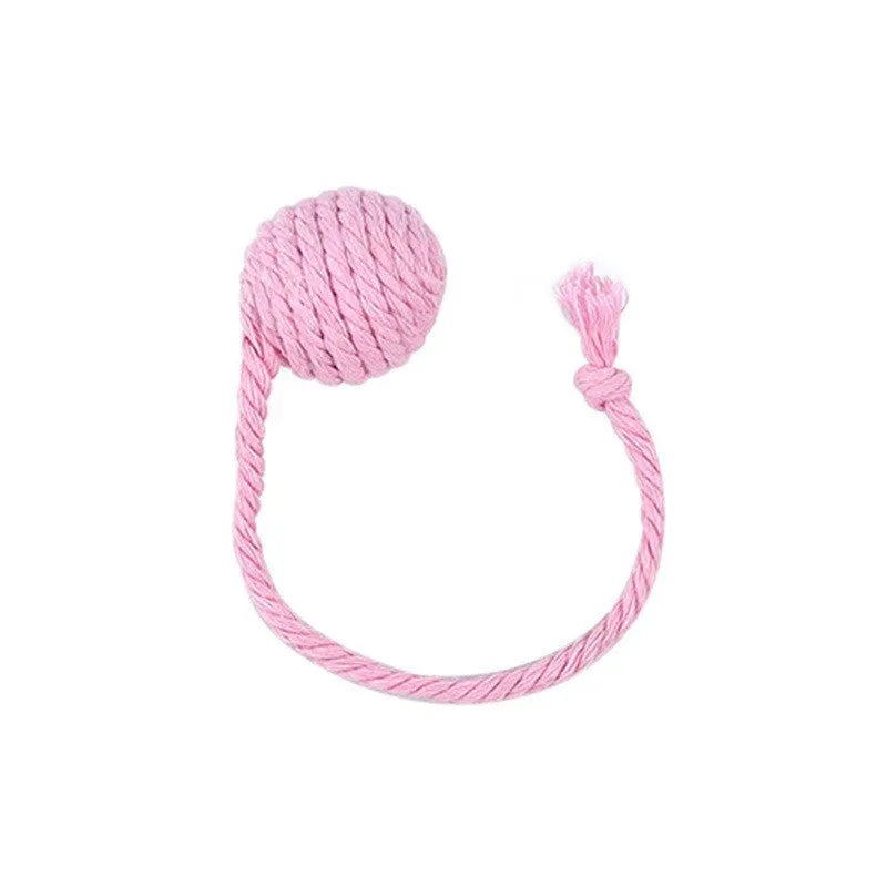 Cat toy ball with rope handle in green, pink, purple or yellow colours with internal bell