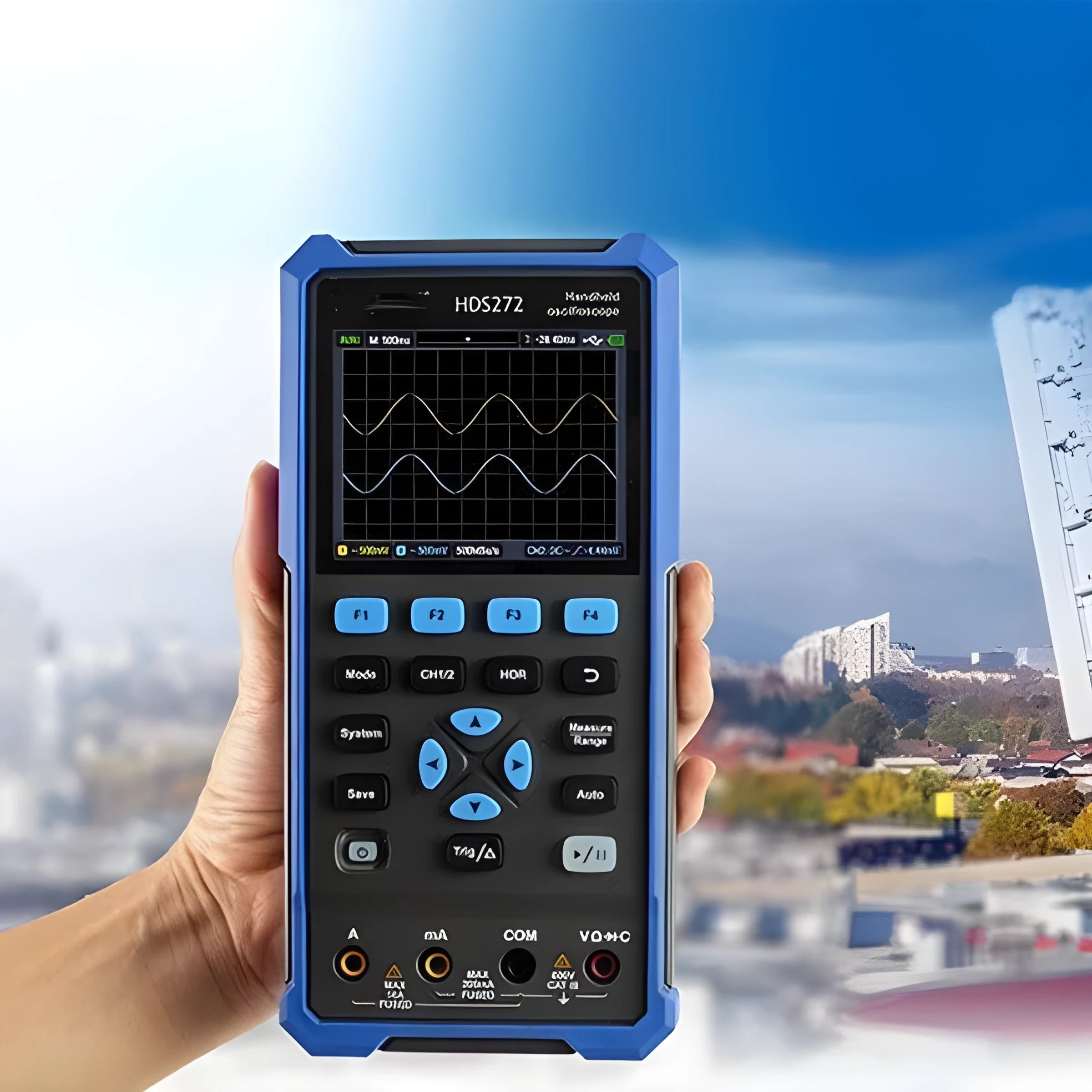 Owon HDS272 handheld digital oscilloscope for automotive diagnostics with probe and accessories