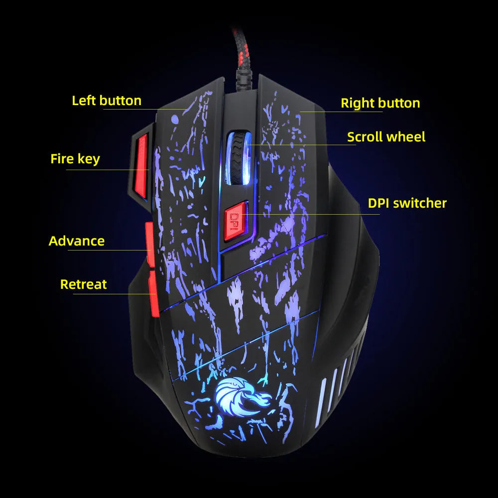 Black Water Crack pattern luminous gaming mouse with USB cable on desktop