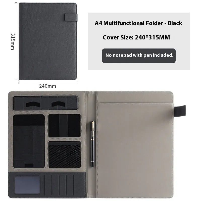 Black leather A4 business folder with optional pen and notepad on a desk.