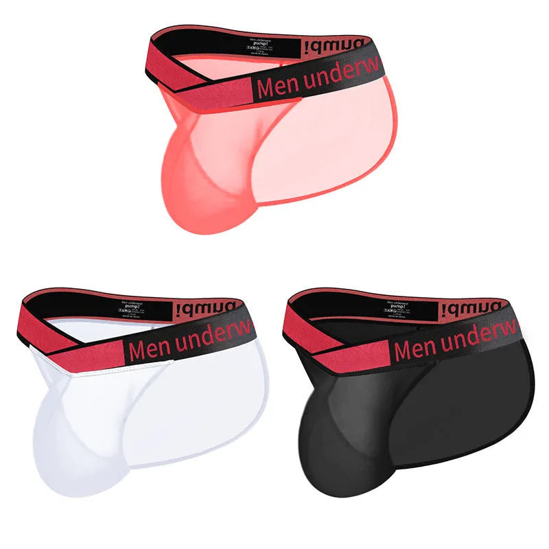 Men's transparent ice silk breathable underwear with large V gradient design in red, black and white colours