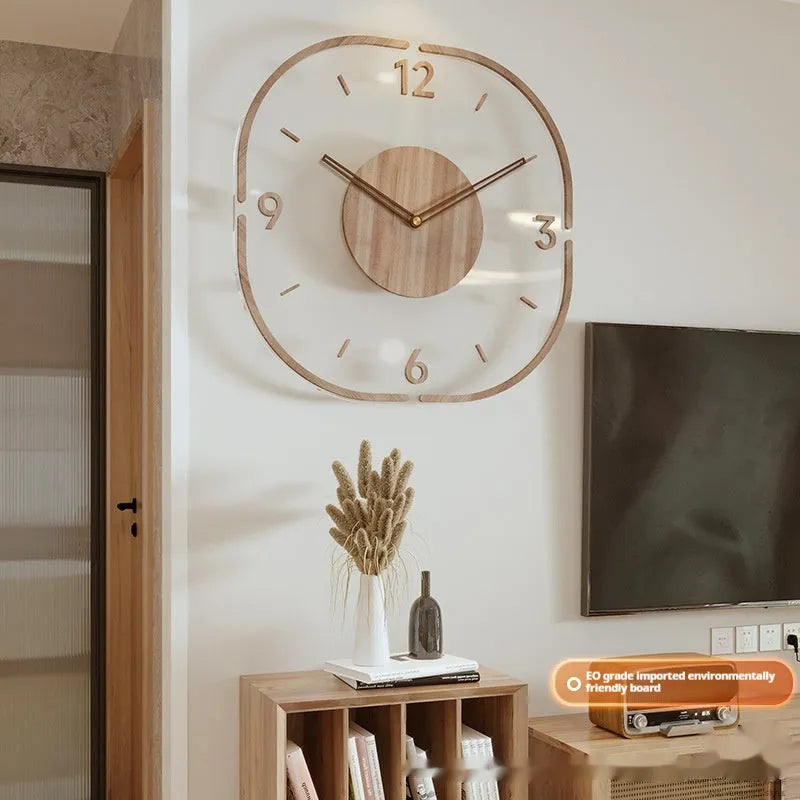 35cm transparent wooden frame wall clock with modern design on wall