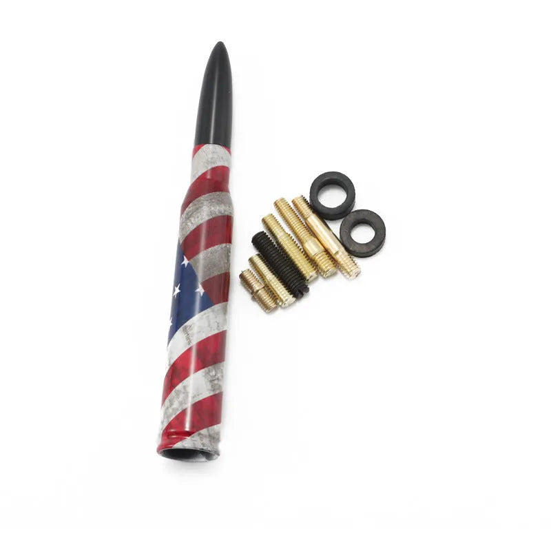 14cm bullet car antenna in camouflage green, American flag, and black colour options for modified vehicles