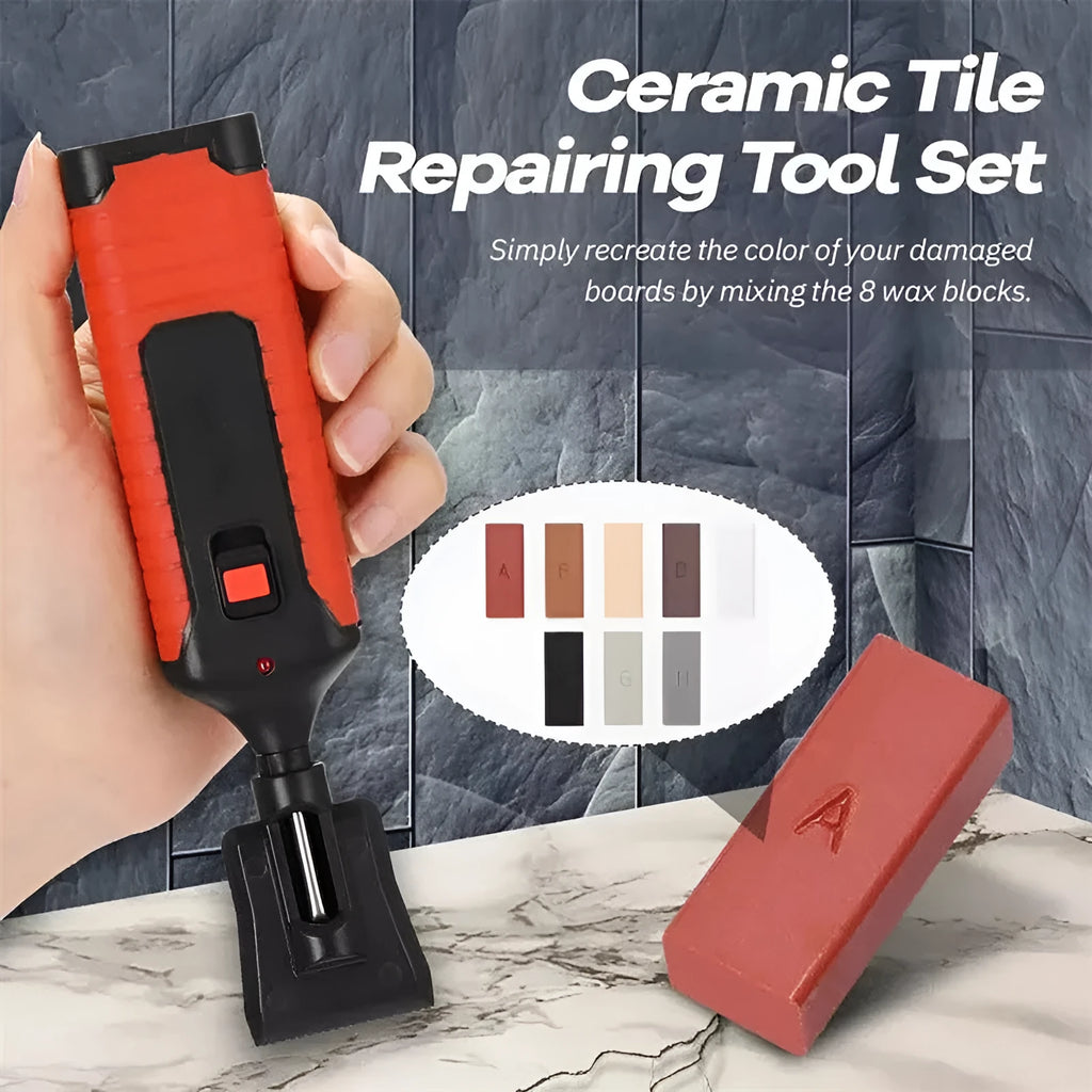 Floor repair suit tool set with handle tools and coloured wax sticks for tile repair