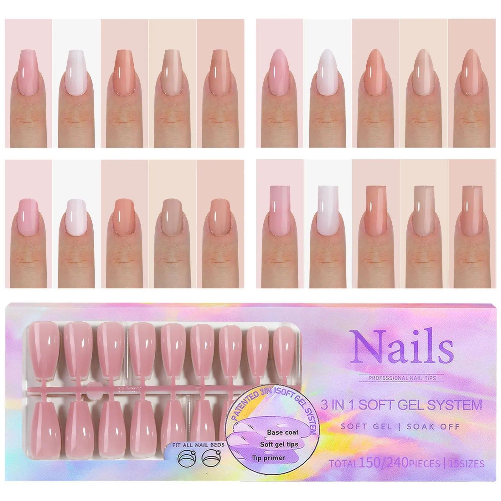 Box of seamless nude nail stickers showing removable armour design in bare colour shades 01 to 05.
