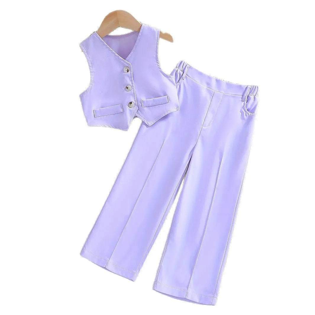 Girls' solid colour vest and trouser two-piece set in purple, light blue, red or light green, sizes 3-10Y