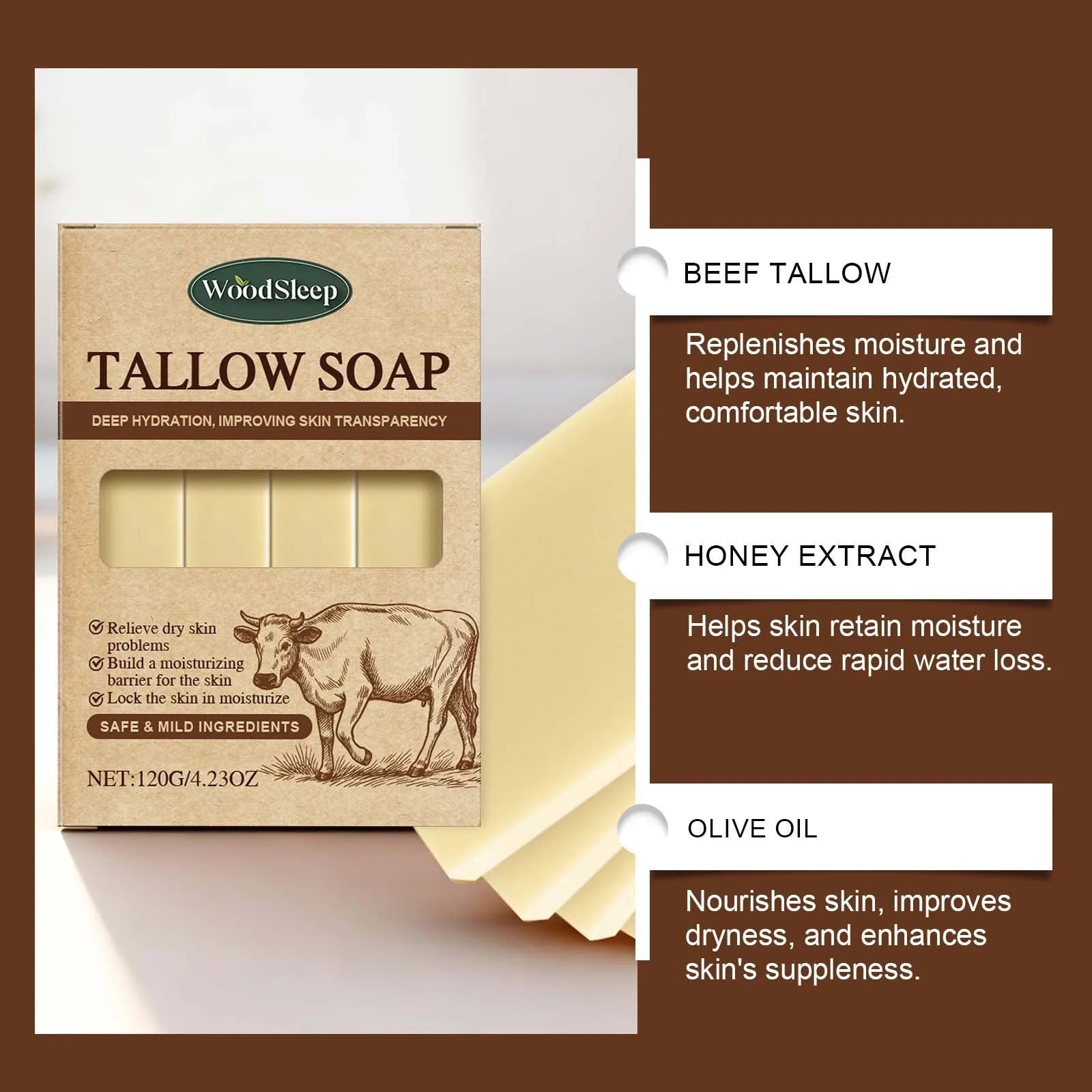 Grass-fed tallow soap bar 120g for gentle face and body cleansing
