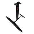 Black carbon fibre and aluminium racing hydrofoil for surfing with large front wing.