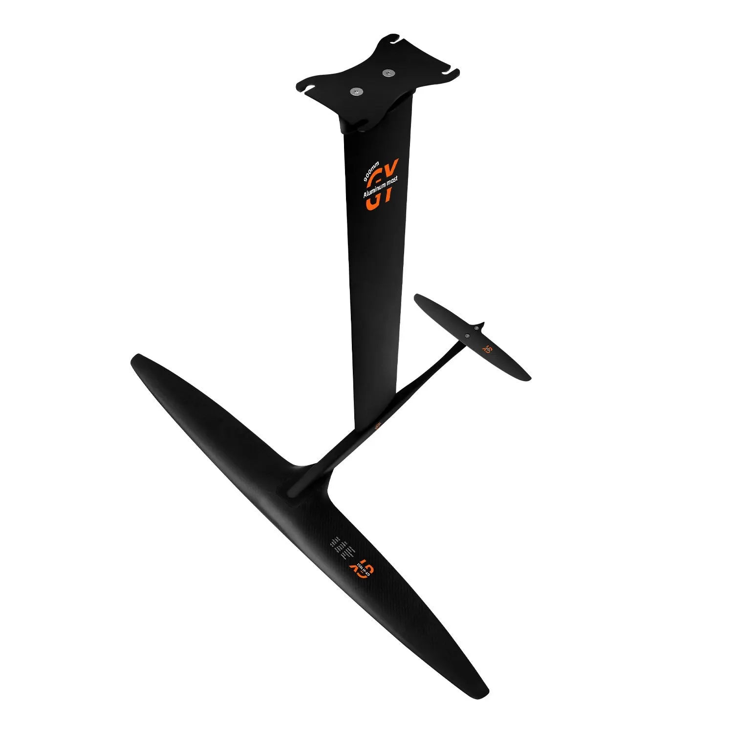 Black carbon fibre and aluminium racing hydrofoil for surfing with large front wing.