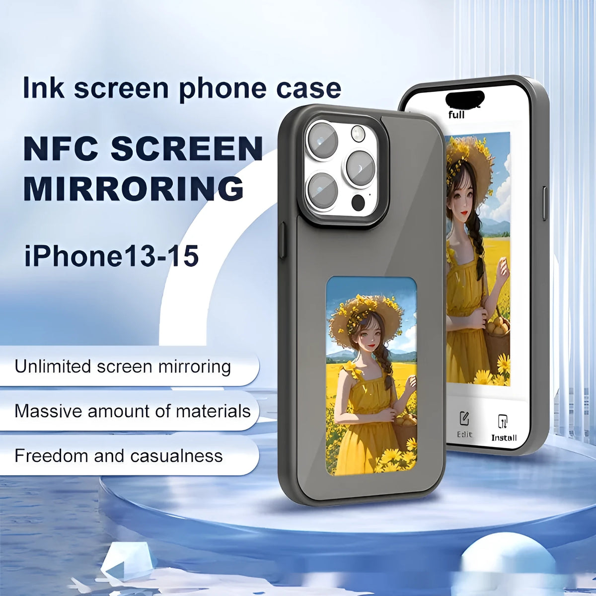 Cross-border NFC four-colour E-ink screen AI projection phone case for iPhone 13-16 series in black with artistic floral design