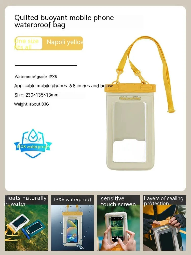 Quilted buoyancy waterproof phone bag in Mars Green with touch screen window, fitting phones up to 6.8 inches.