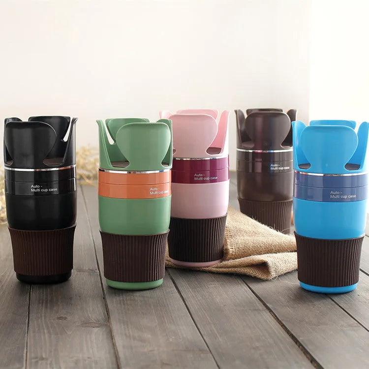 Car cup holder organiser with adjustable phone navigation bracket in multiple colours