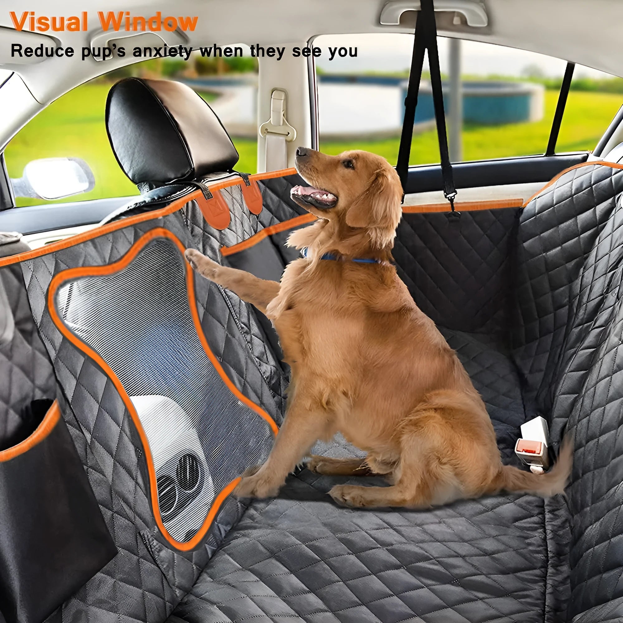 Black orange edge waterproof dog car seat cover with mesh window and accessory pocket