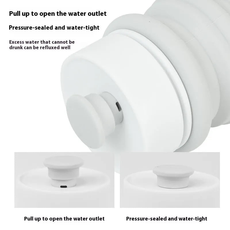 Silicone folding pet drinking cup shown collapsed and expanded for dog or cat use outdoors