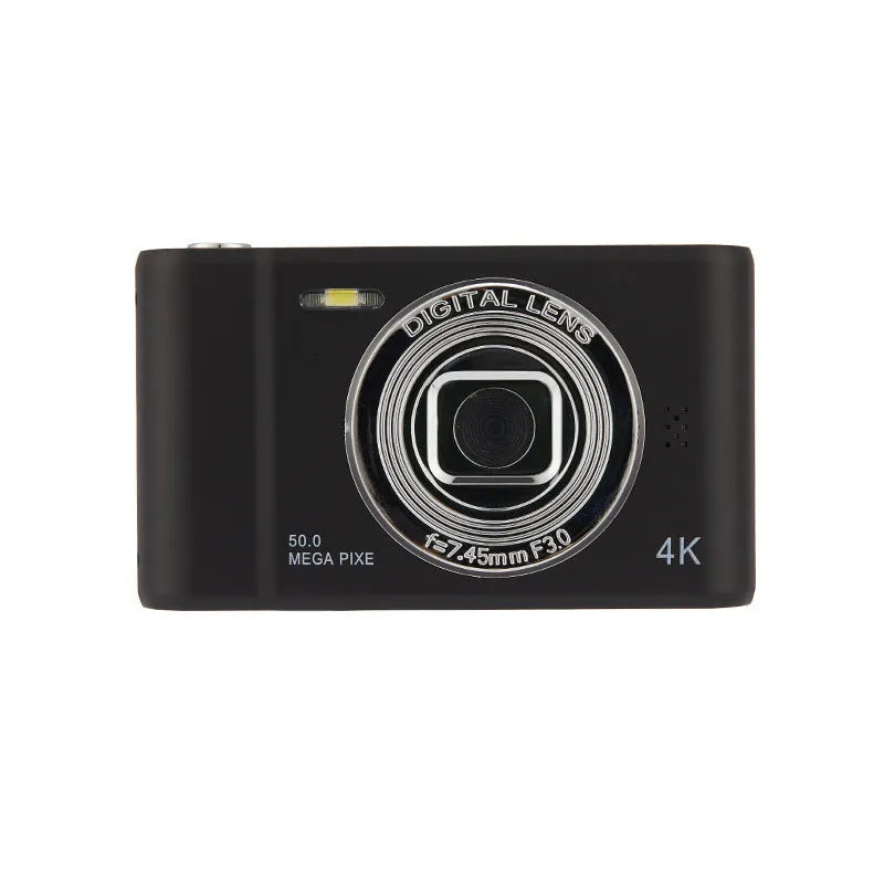 Retro digital selfie camera with 48 million pixels and 4K, ABS body, available in black, silver, ivory white, or pink.