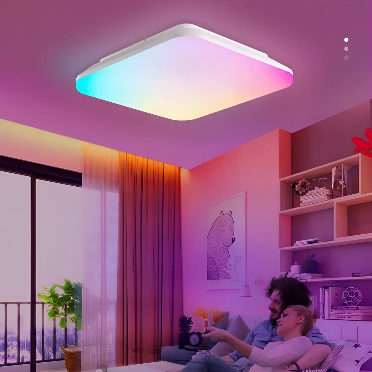 RGBCW full colour square ceiling light 24W with remote control and intelligent dimming, modern indoor ceiling fitting.
