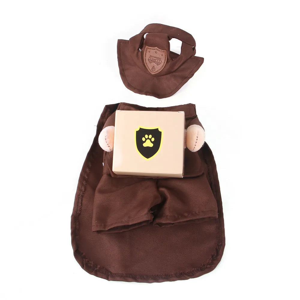 Coffee-coloured polyester courier costume for a dog standing up.